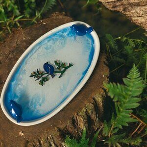 Handcrafted and Hand Painted Resin Blue Birds on an Oval Tray Cloudy Sky
